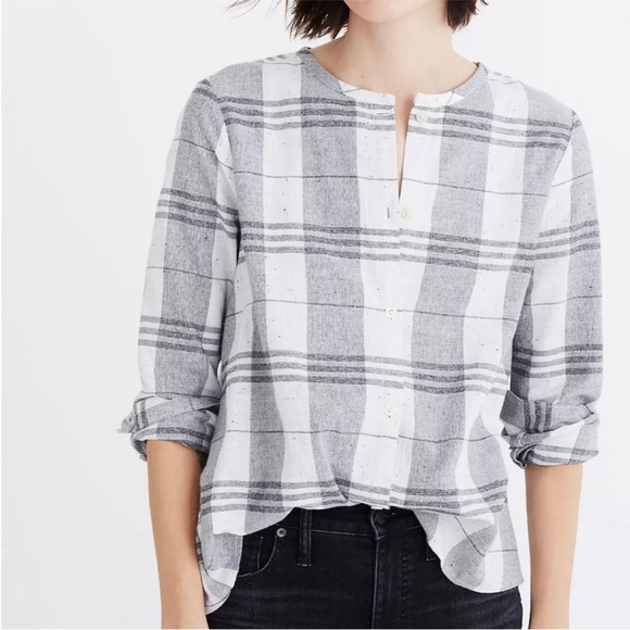 Madewell Plaid Collarless Button Down Top - Picture 2 of 9
